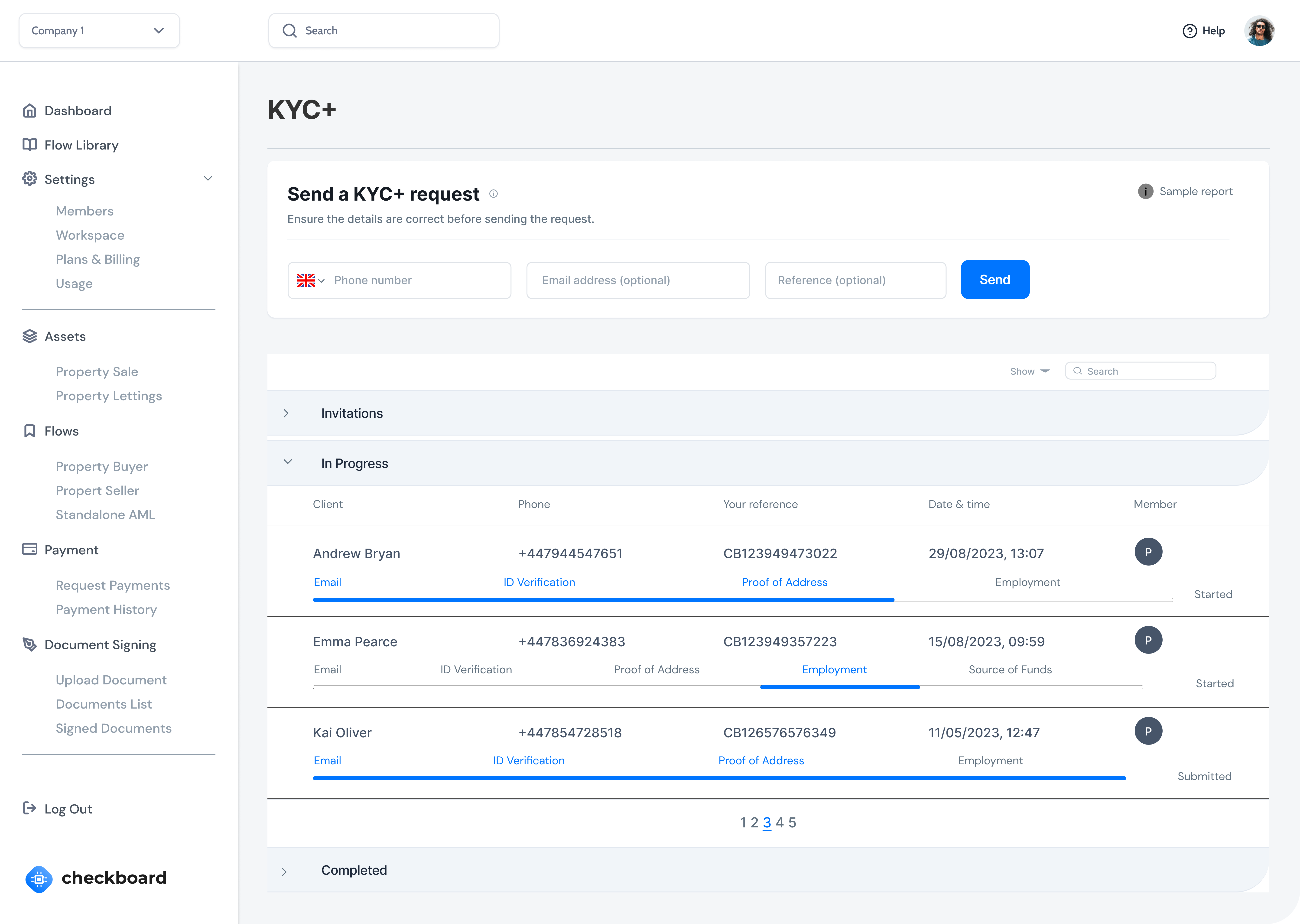 A screenshot from the Checkboard dashboard showing the progress of different KYC requests.