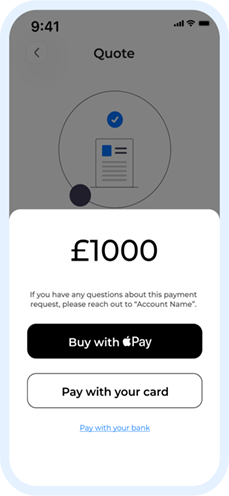A screen from the Checkboard app showing a £1000 payment being made by card or Apple Pay.