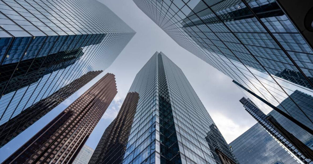 Skyscrapers seen from below.