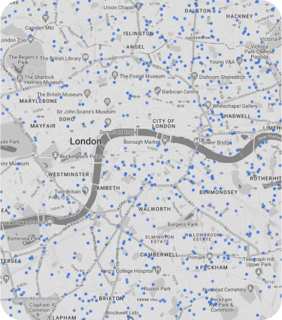 A map of central London with points marked across the city.