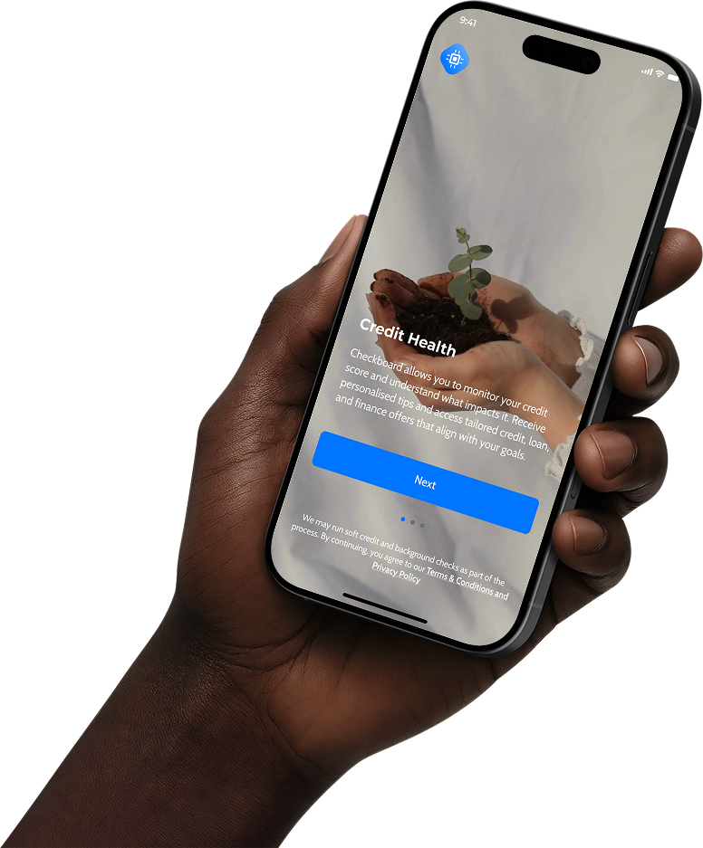 A person holds up a phone displaying Checkboard's credit app.